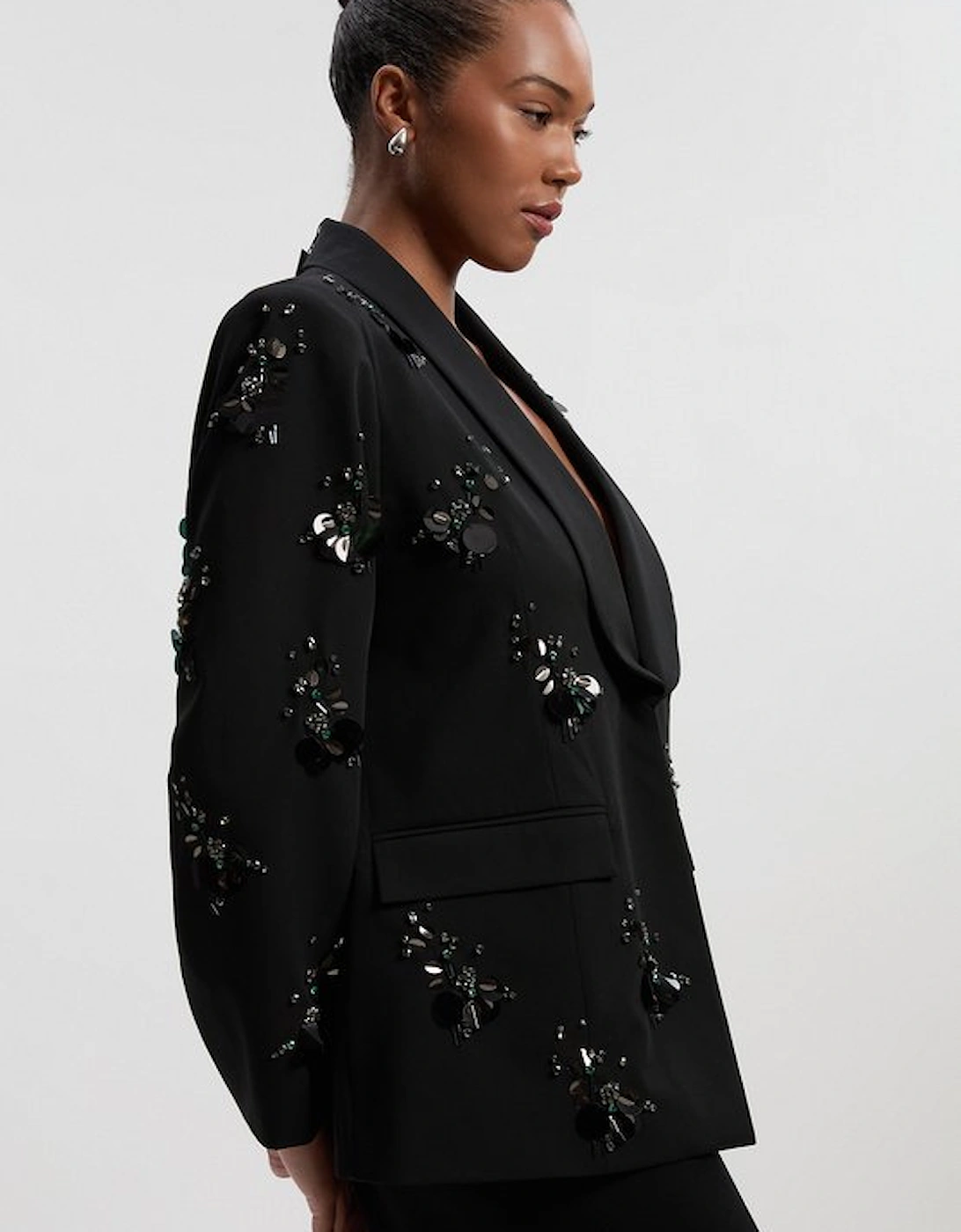 Plus Size Cluster Sequin & Crystal Embellished Tailored Single Breast Blazer