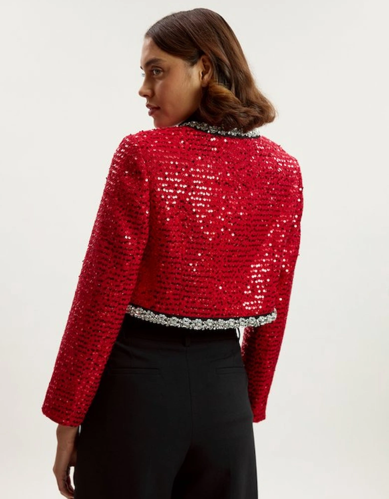 Sequin Tweed Embellished Cropped Tailored Jacket