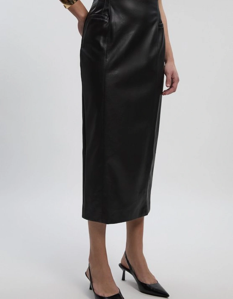 Faux Leather Seam Waist Detail Pencil Midi Skirt