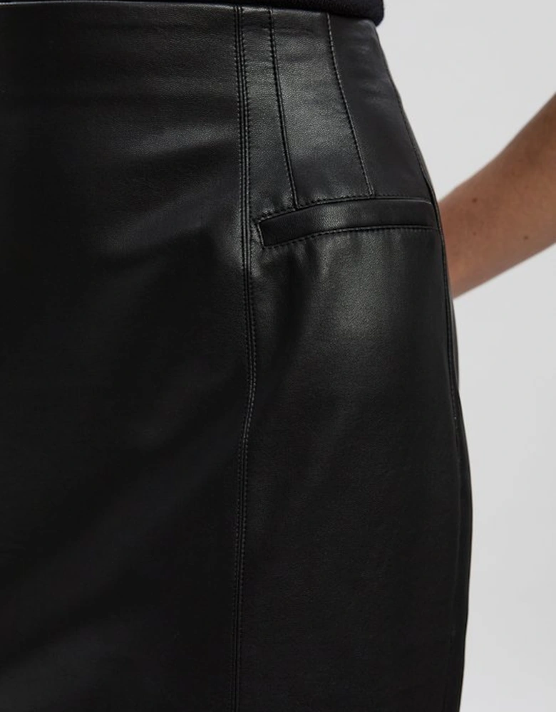 Faux Leather Seam Waist Detail Pencil Midi Skirt