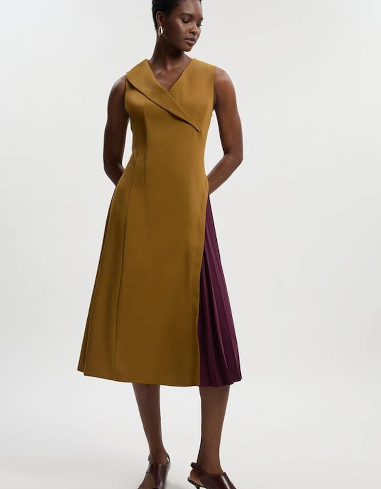 Soft Tailored Colour Block Pleated Side Sleeveless Midi Dress