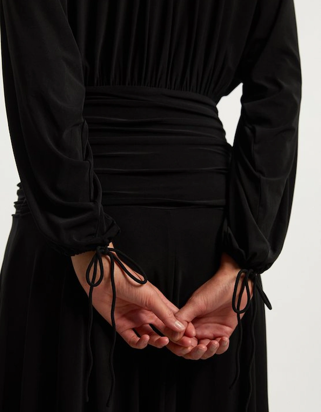 Stretch Drapey Crepe Ruched Plunge Neck Batwing Sleeve Maxi Dress