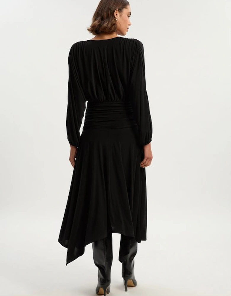 Stretch Drapey Crepe Ruched Plunge Neck Batwing Sleeve Maxi Dress