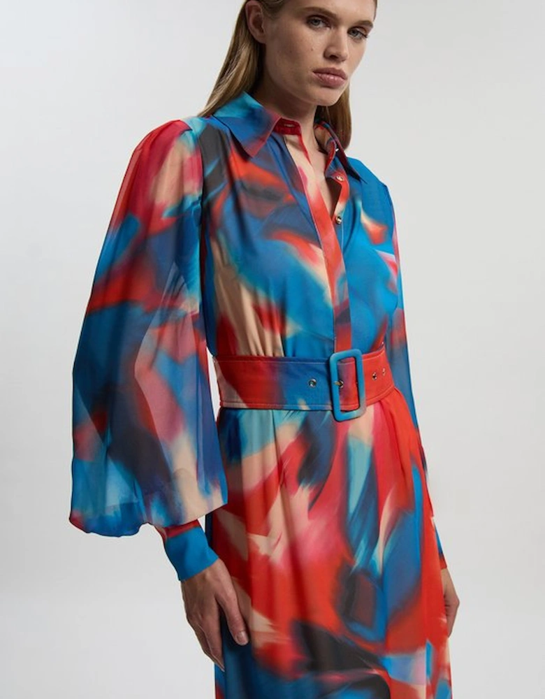 Georgette Belted Blur Print Woven Shirt Dress
