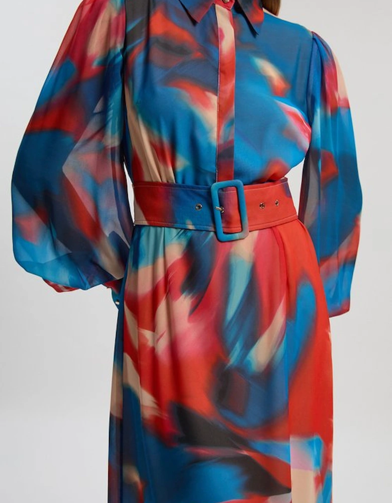 Georgette Belted Blur Print Woven Shirt Dress
