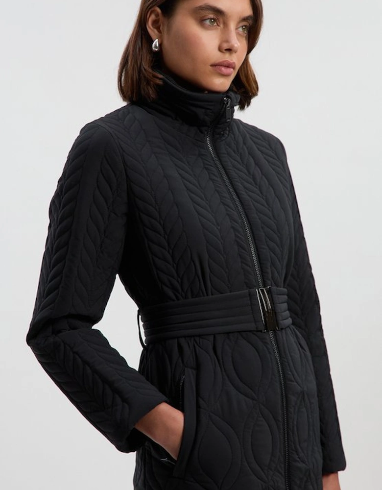 Multi Stitch Detail Belted Padded Midi Coat