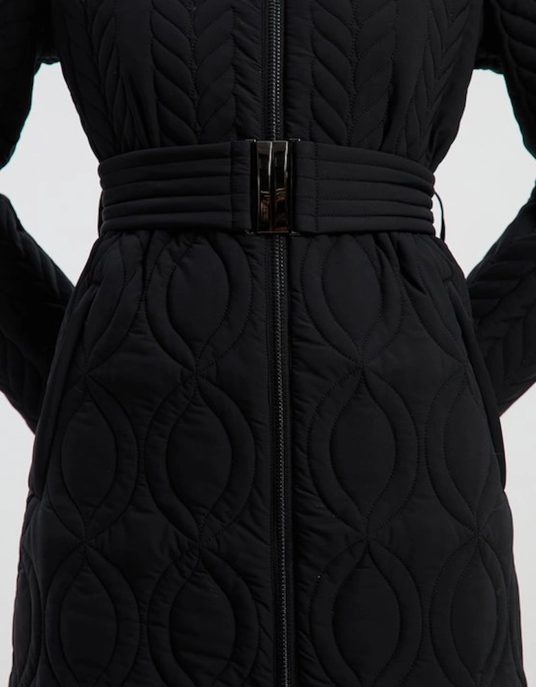 Multi Stitch Detail Belted Padded Midi Coat