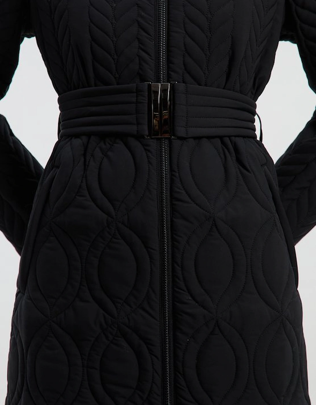Multi Stitch Detail Belted Padded Midi Coat