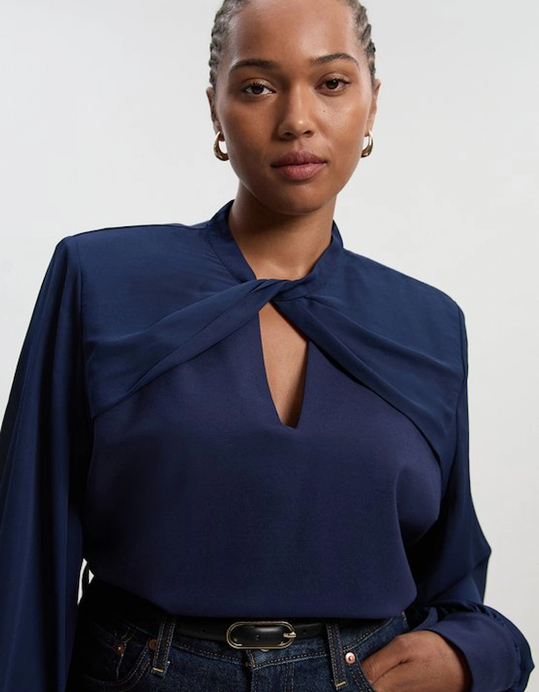 Plus Size Ponte And Georgette Mix Balloon Sleeve Cut Out Detail Top