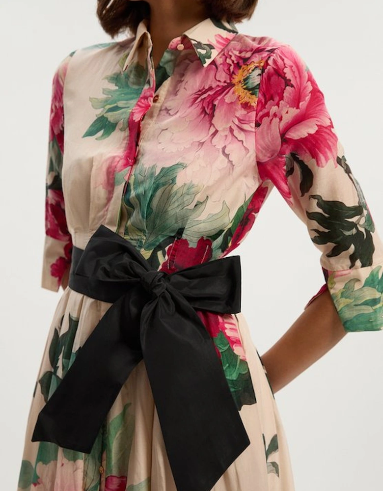 Silk Cotton Floral Print Woven Belted Maxi Shirt Dress