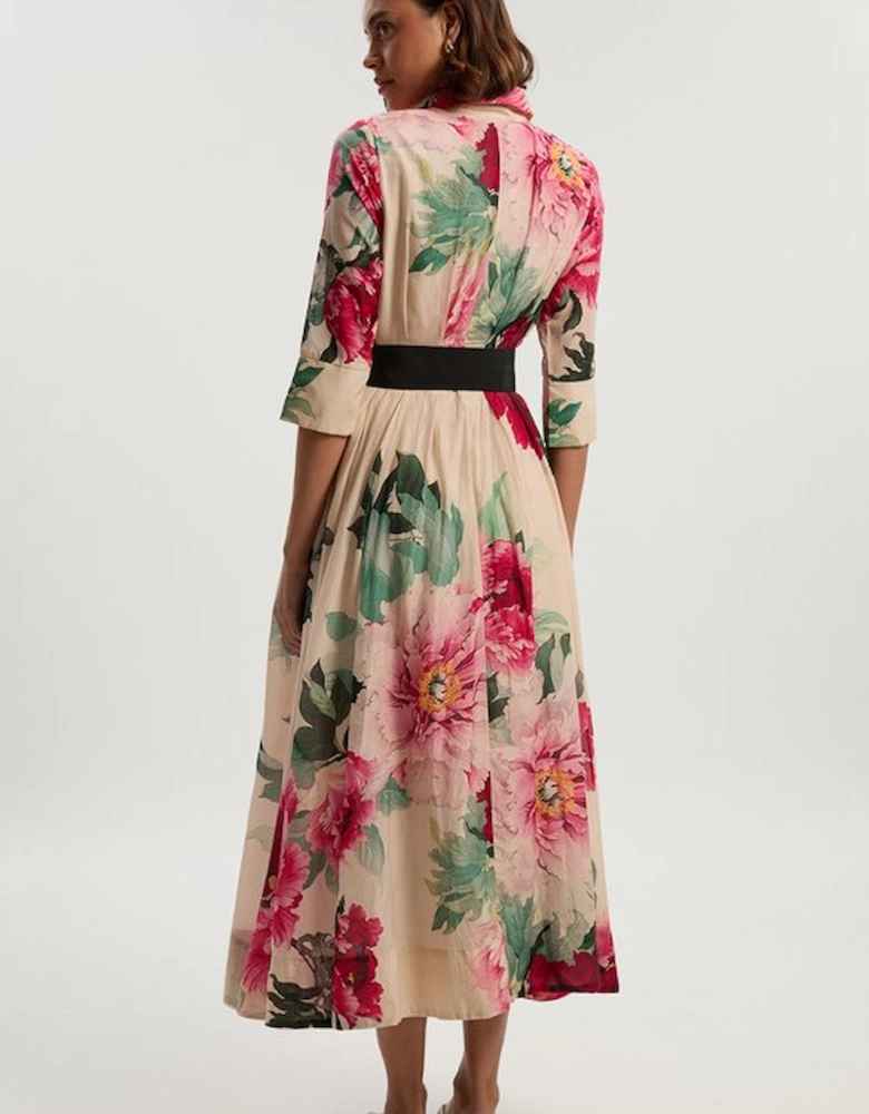 Silk Cotton Floral Print Woven Belted Maxi Shirt Dress