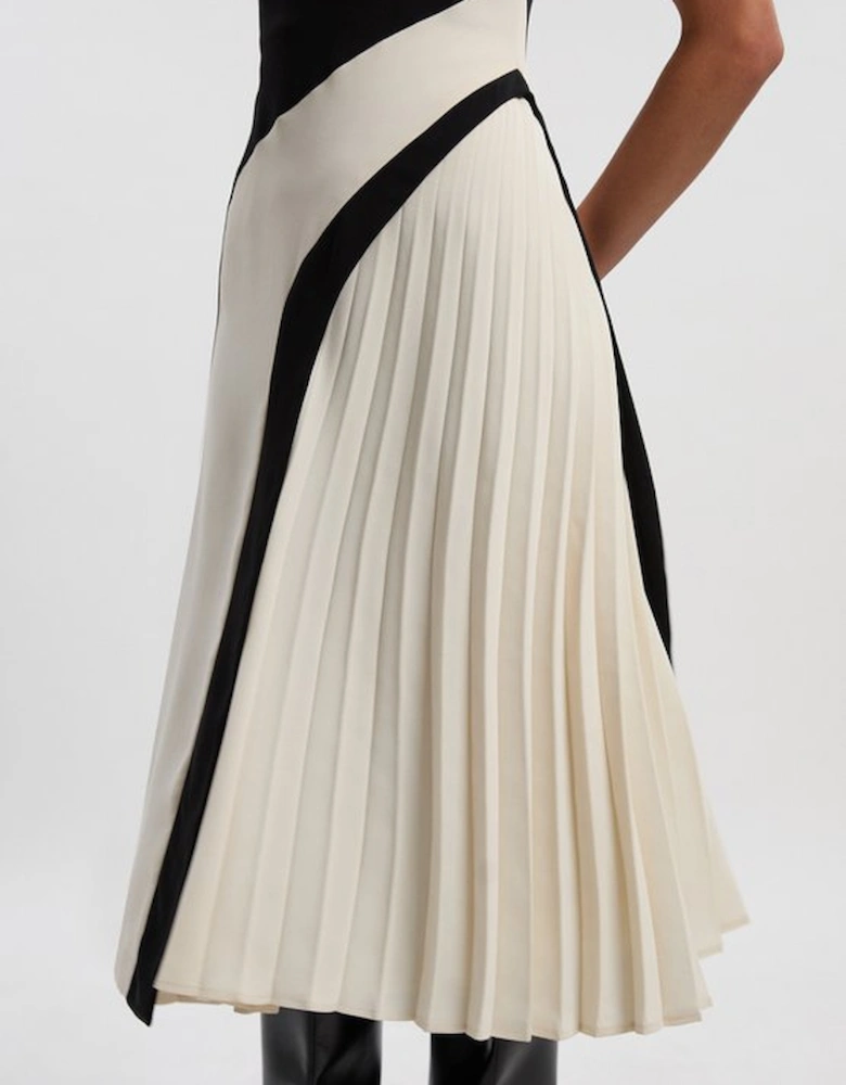Petite Soft Tailored Colour Block High Neck Pleated Midi Dress