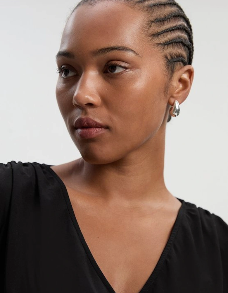 Plus Size Stretch Drapey Crepe Ruched Plunge Neck Batwing Sleeve Bodysuit