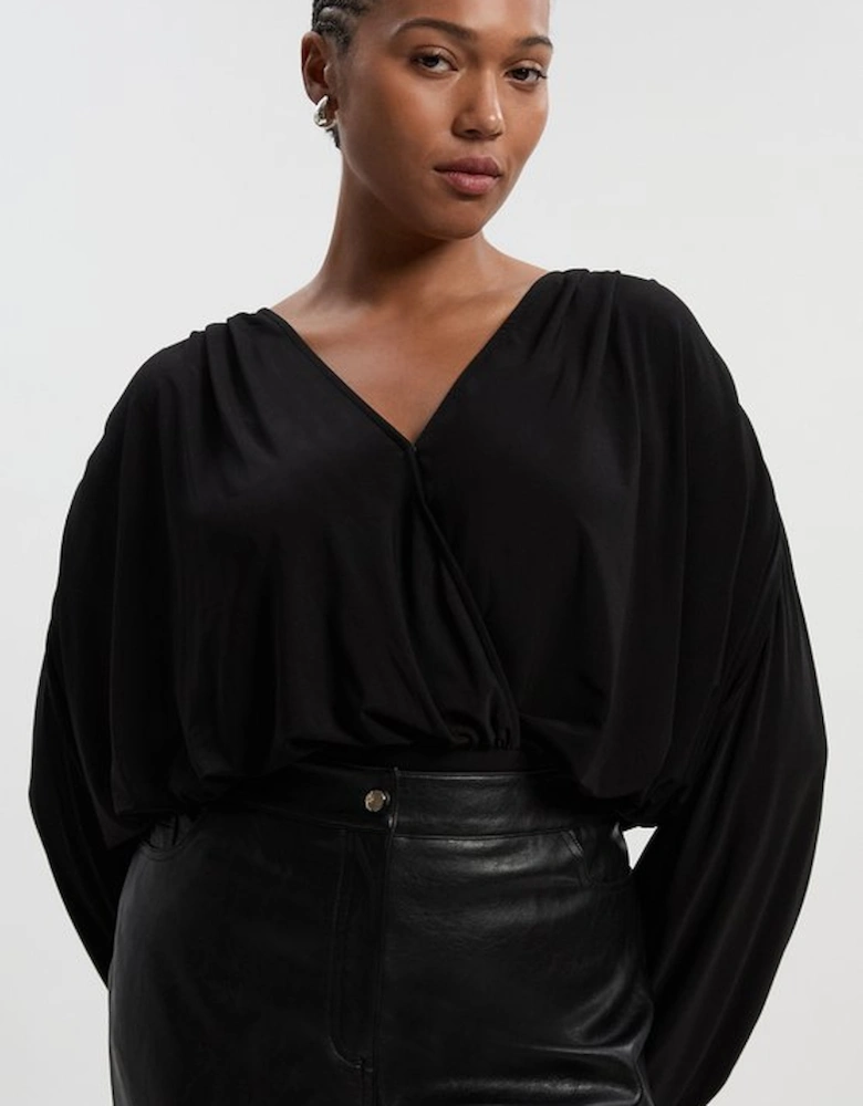 Plus Size Stretch Drapey Crepe Ruched Plunge Neck Batwing Sleeve Bodysuit