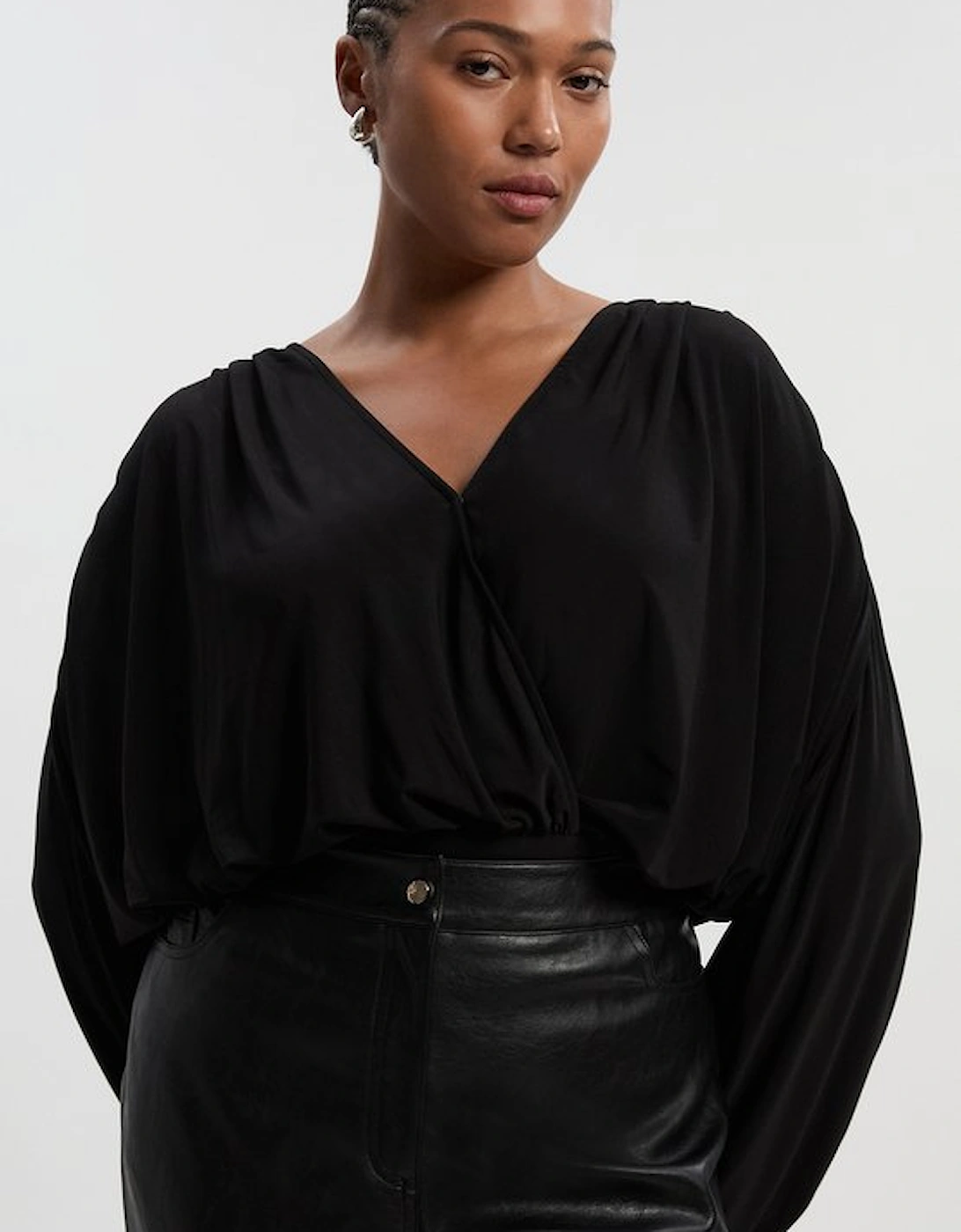 Plus Size Stretch Drapey Crepe Ruched Plunge Neck Batwing Sleeve Bodysuit