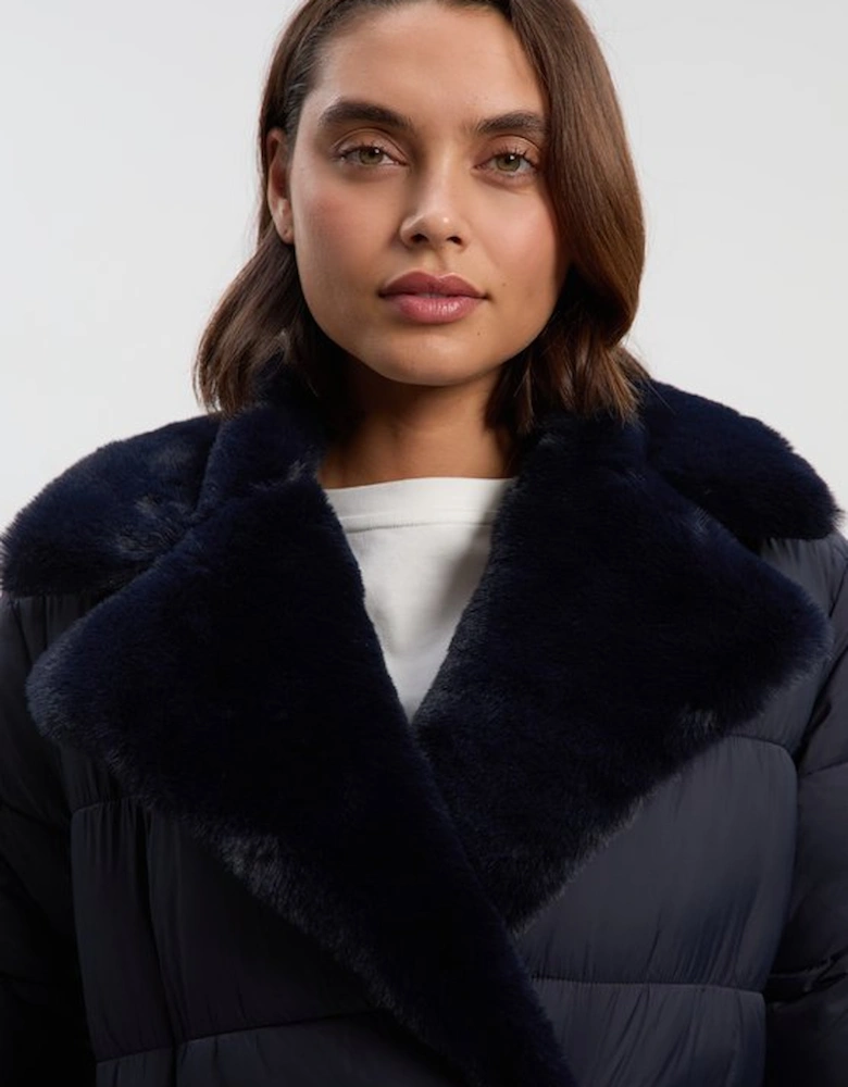 Faux Fur Lined Belted Longline Puffer Coat