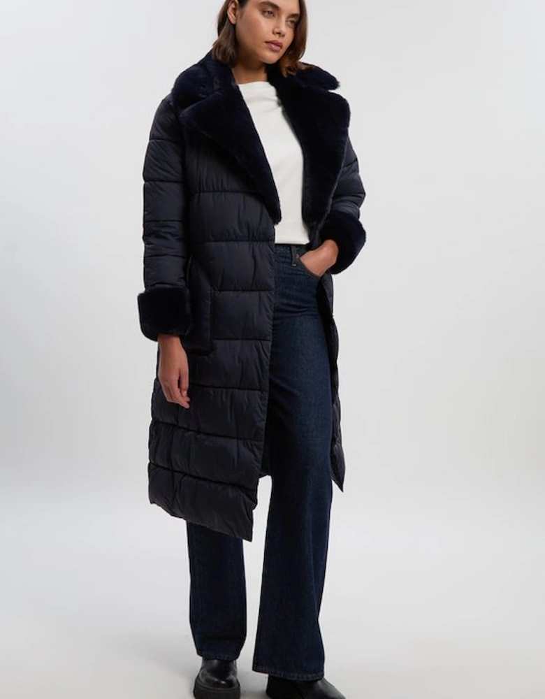 Faux Fur Lined Belted Longline Puffer Coat