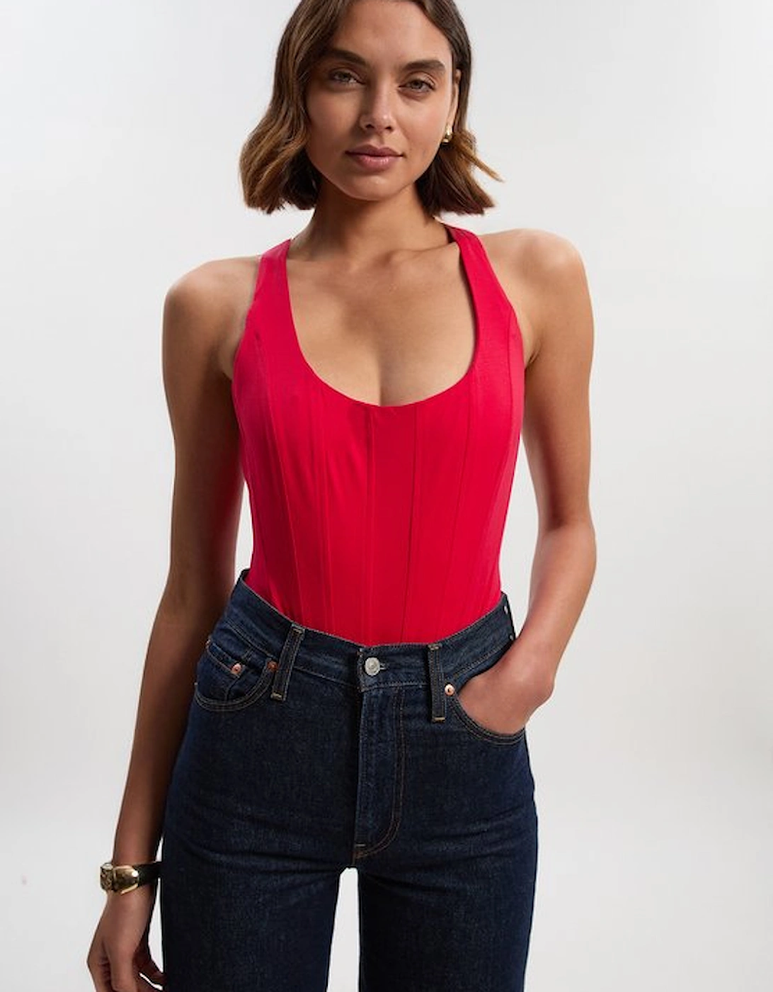 Cotton Elastane Corset Detail Scoop Neck Bodysuit