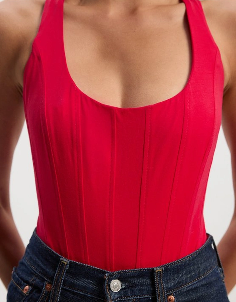 Cotton Elastane Corset Detail Scoop Neck Bodysuit