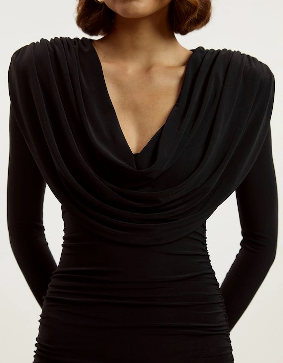 Stretch Drapey Crepe Ruched Plunge Neck Long Sleeve Mini Dress