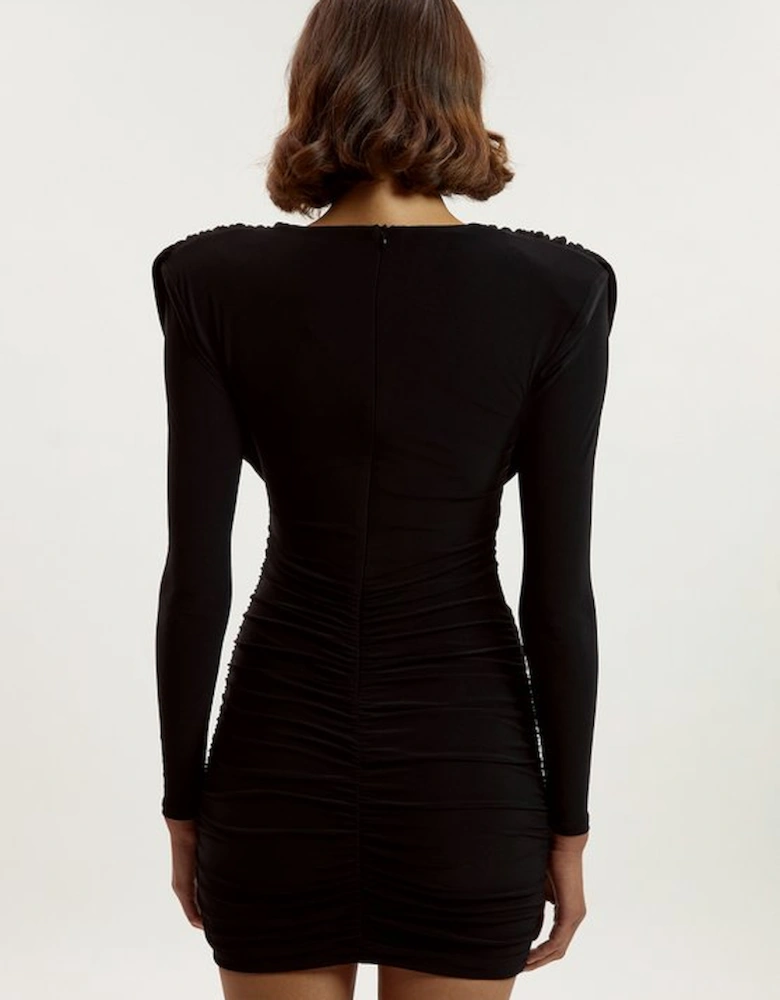 Stretch Drapey Crepe Ruched Plunge Neck Long Sleeve Mini Dress