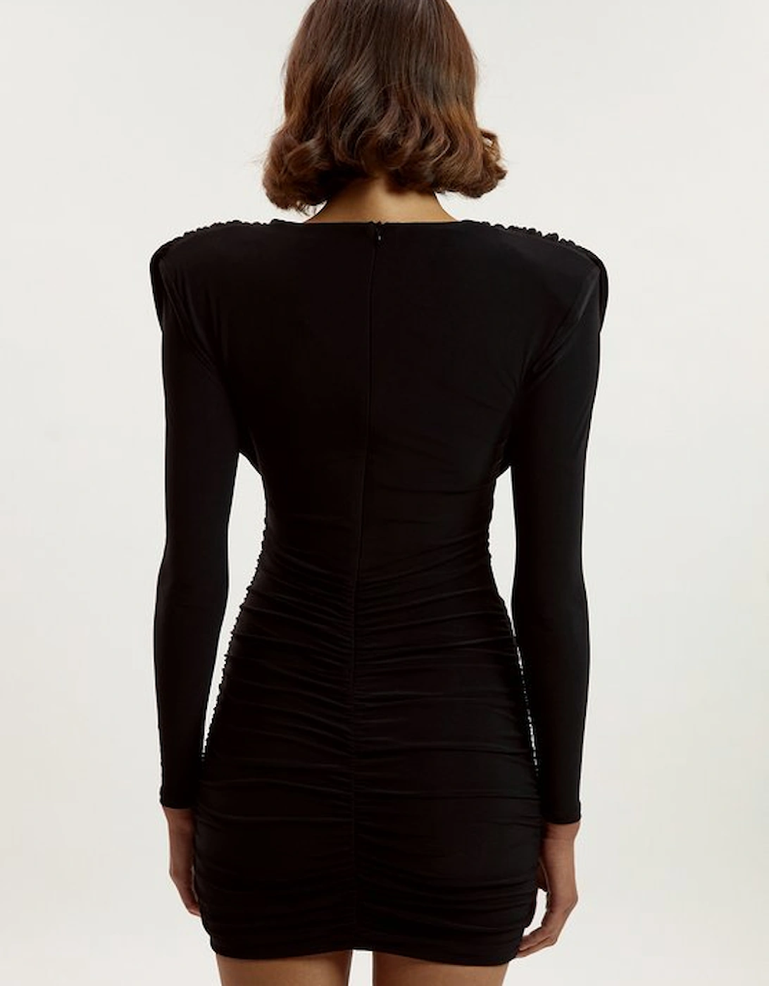 Stretch Drapey Crepe Ruched Plunge Neck Long Sleeve Mini Dress