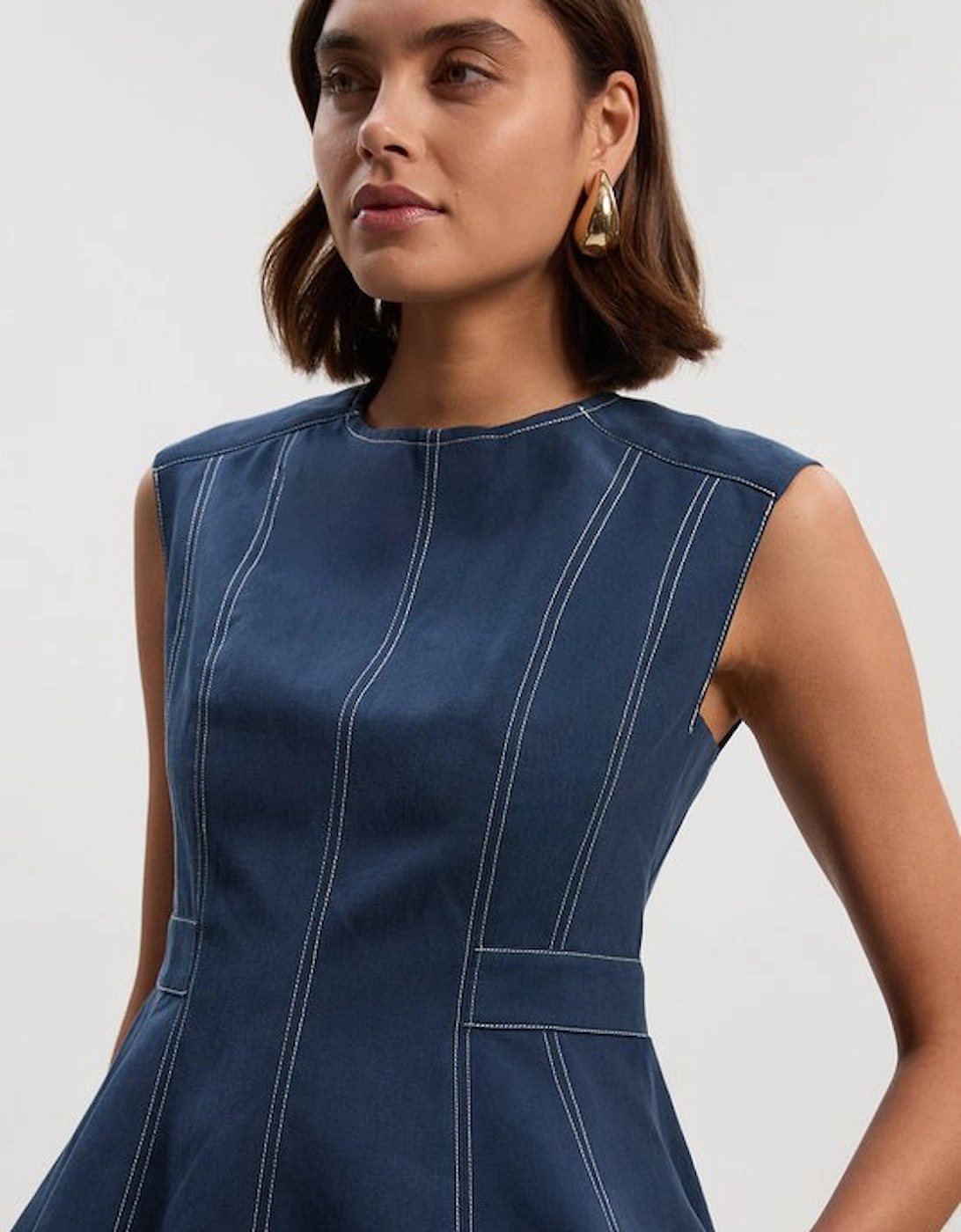 Tencel Cotton Contrast Zip Up Woven Peplum Top