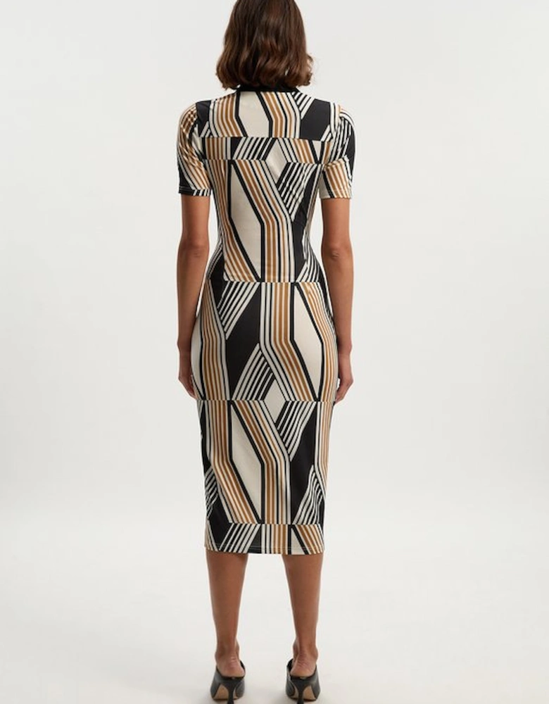 Geo Print Crepe Collared Midi Dress