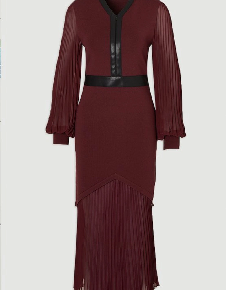 Woven Sleeved Pleated Dress With Pu
