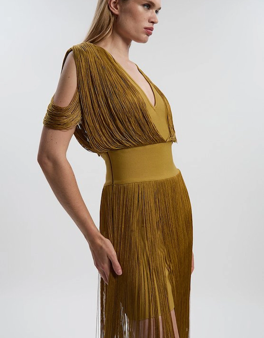 Figure Form Bandage Knit Fringe Detail Dress