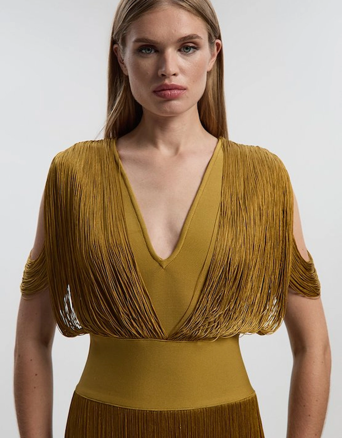 Figure Form Bandage Knit Fringe Detail Dress