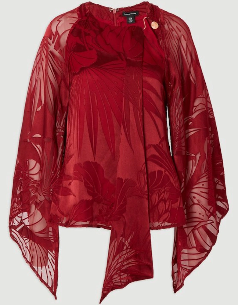 Plus Size Devoure Flared Sleeve Woven Blouse With Trim Detail