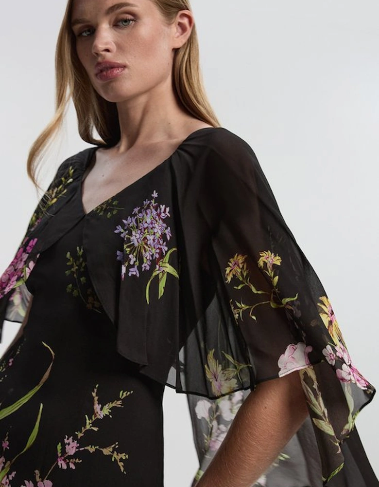 Floral Border Print Viscose Woven Cape Sleeve Maxi Dress