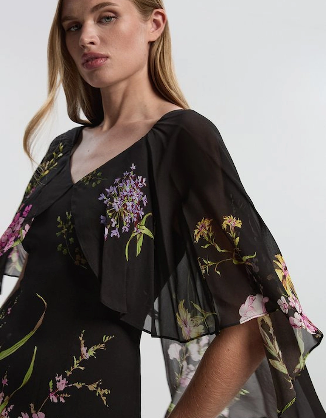 Floral Border Print Viscose Woven Cape Sleeve Maxi Dress