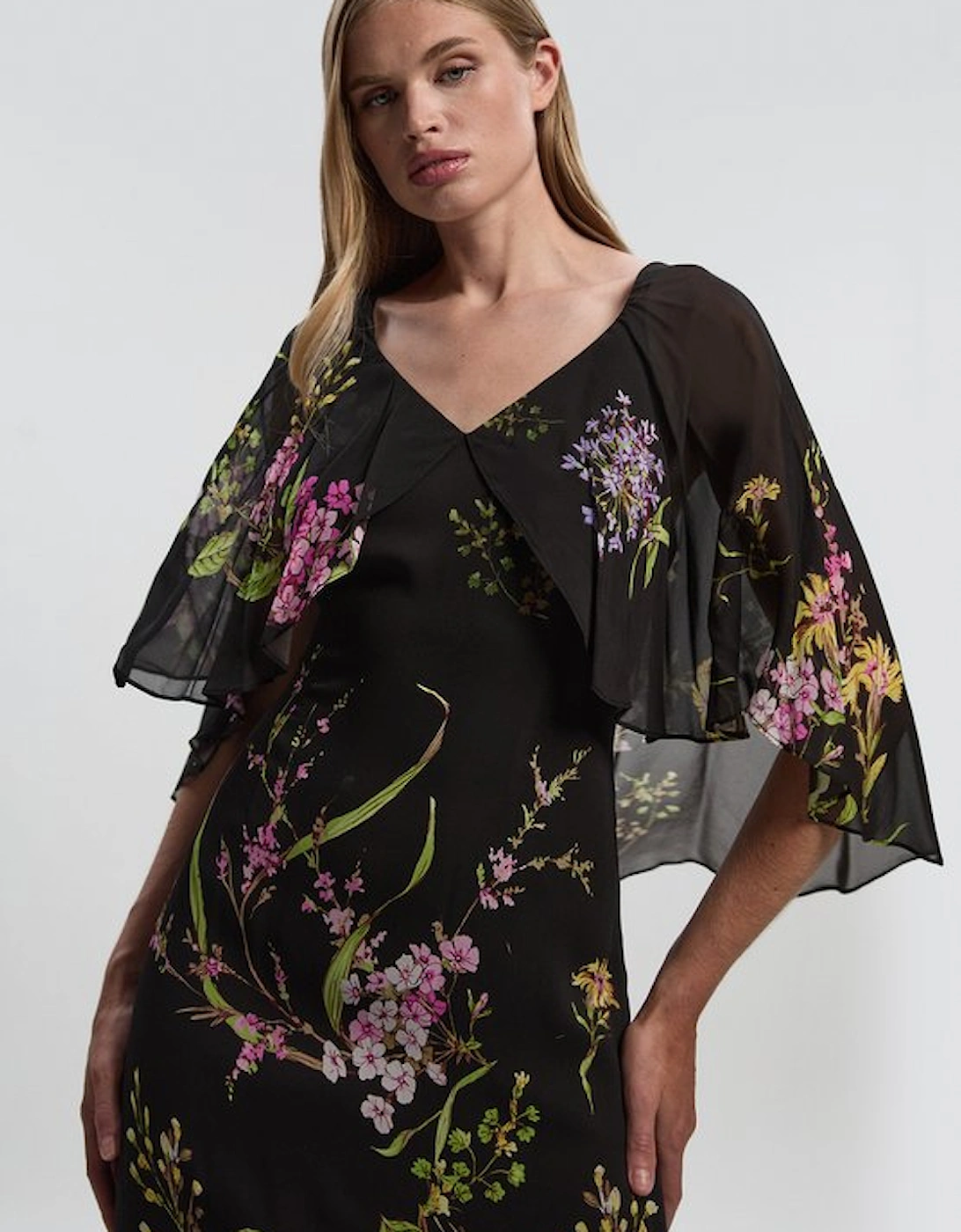 Floral Border Print Viscose Woven Cape Sleeve Maxi Dress