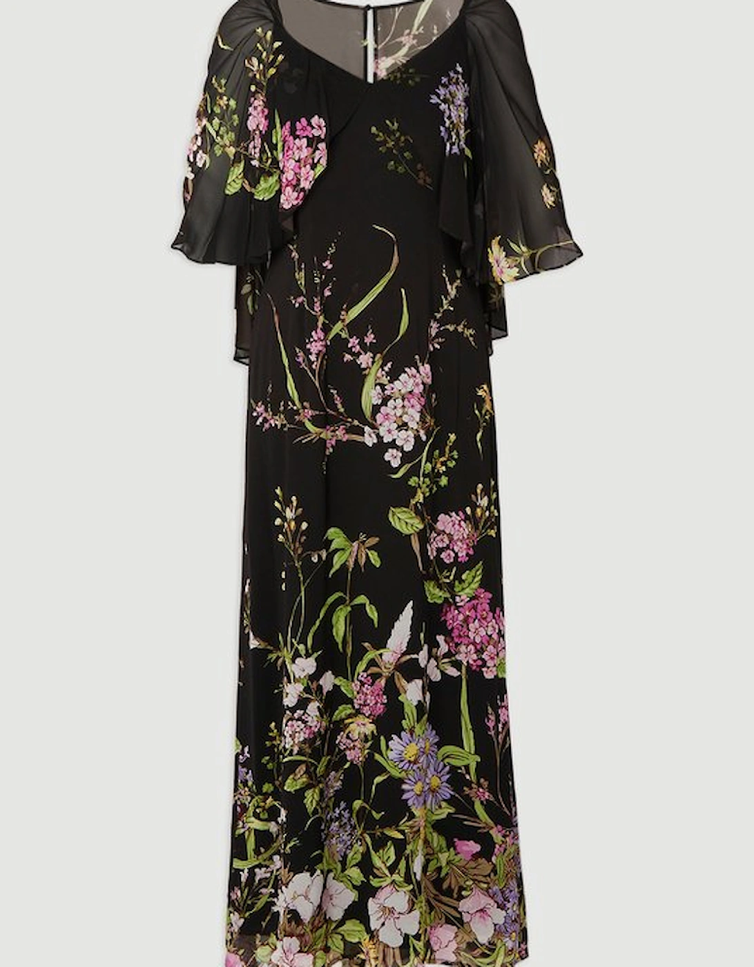 Floral Border Print Viscose Woven Cape Sleeve Maxi Dress