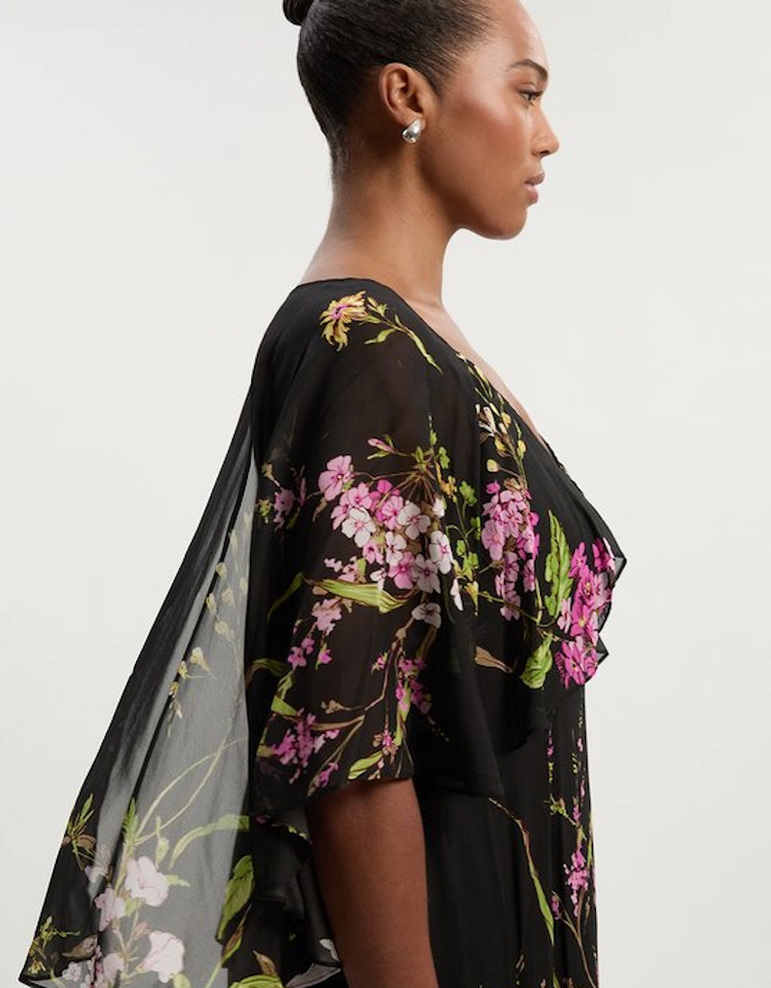 Plus Size Floral Border Print Viscose Woven Cape Sleeve Maxi Dress