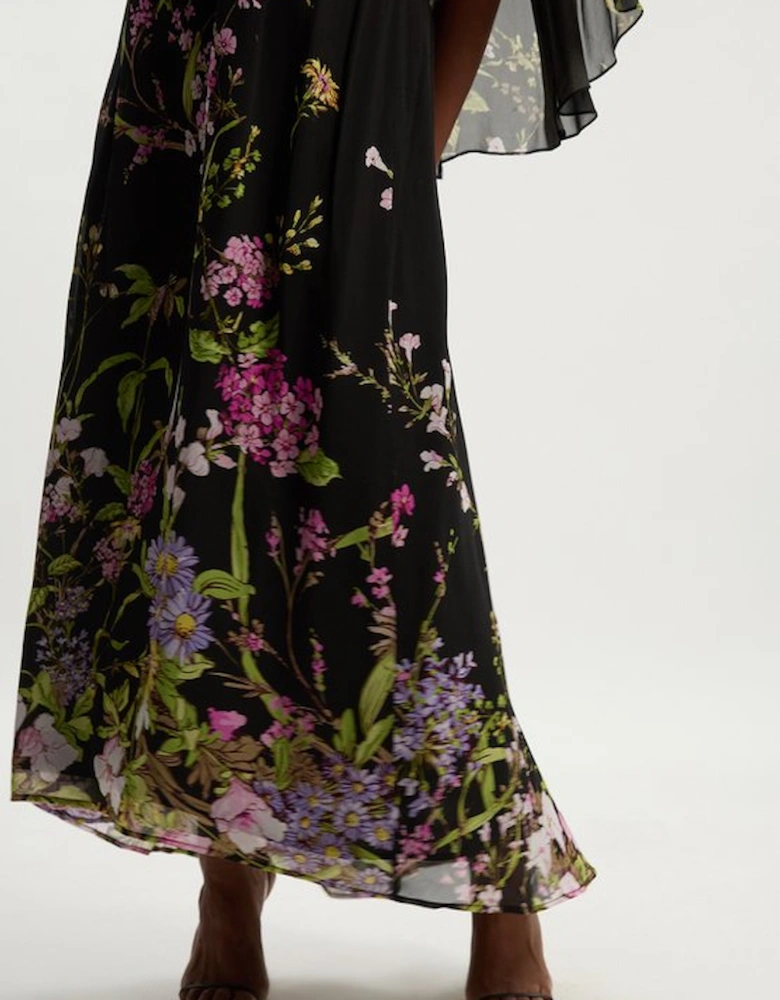 Plus Size Floral Border Print Viscose Woven Cape Sleeve Maxi Dress