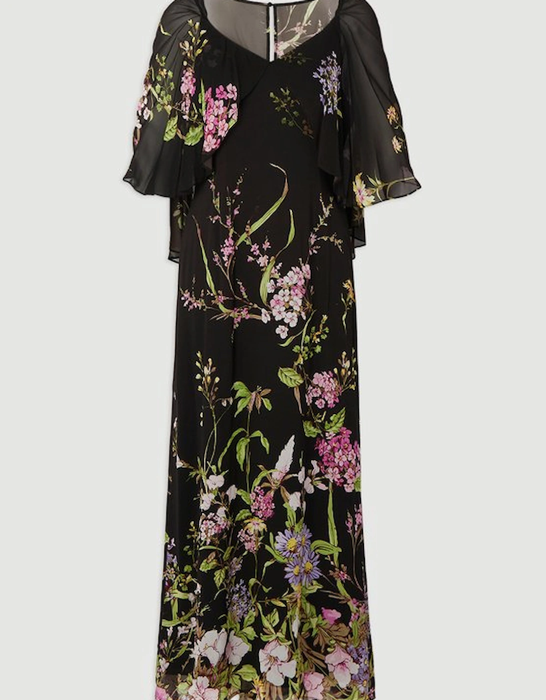 Plus Size Floral Border Print Viscose Woven Cape Sleeve Maxi Dress