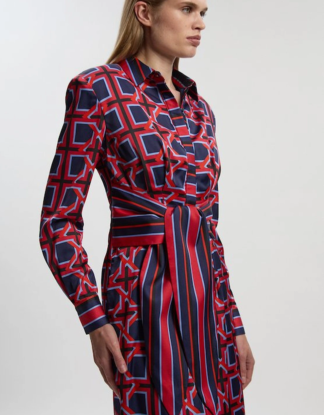 Geo Print Hammered Satin Tie Waist Woven Midi Dress