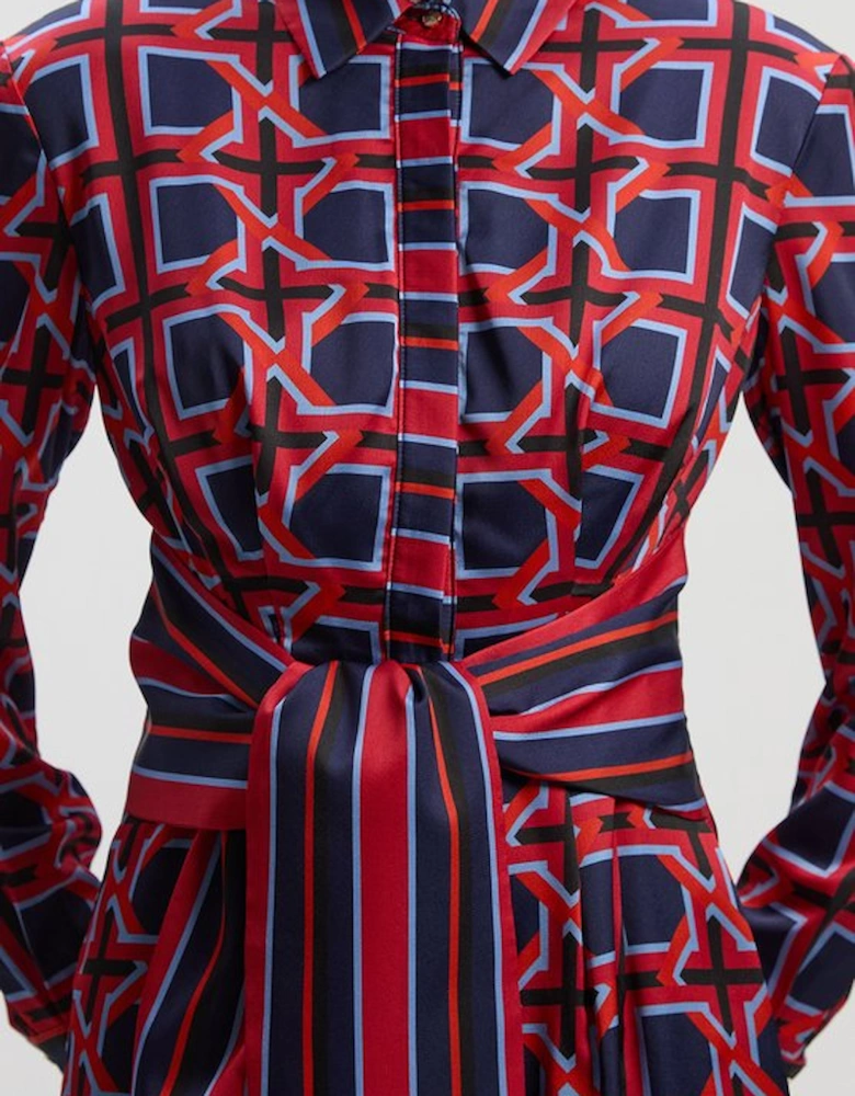 Geo Print Hammered Satin Tie Waist Woven Midi Dress
