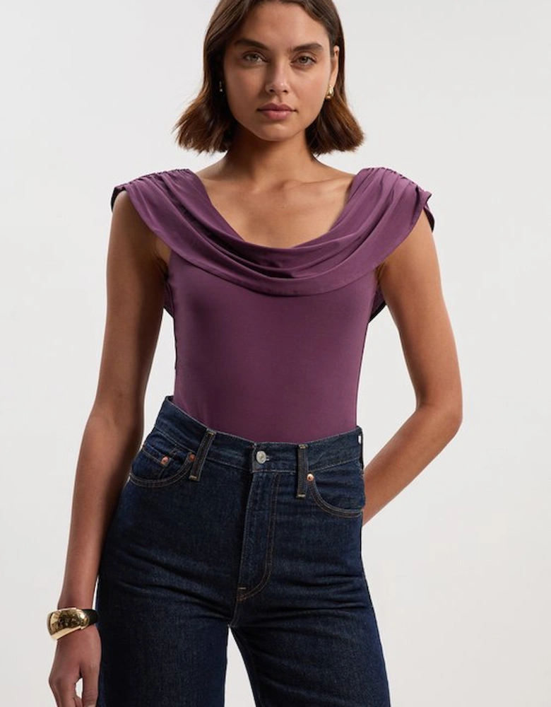 Stretch Drapey Crepe Ruched Plunge Neck Sleeveless Bodysuit