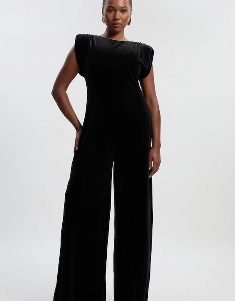 Plus Size Stretch Velvet Strong Shoulder Jumpsuit