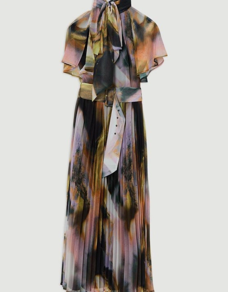 Georgette Tie Neck Blur Print Woven Midi Dress