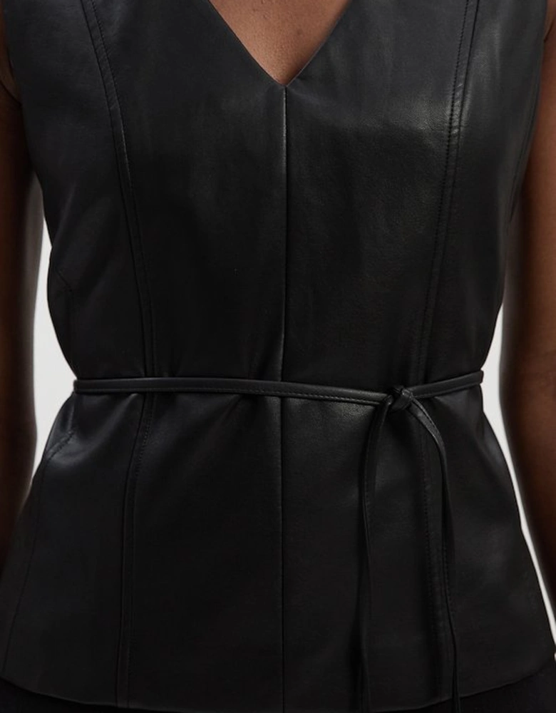 Faux Leather Tie Waist Tailored Top