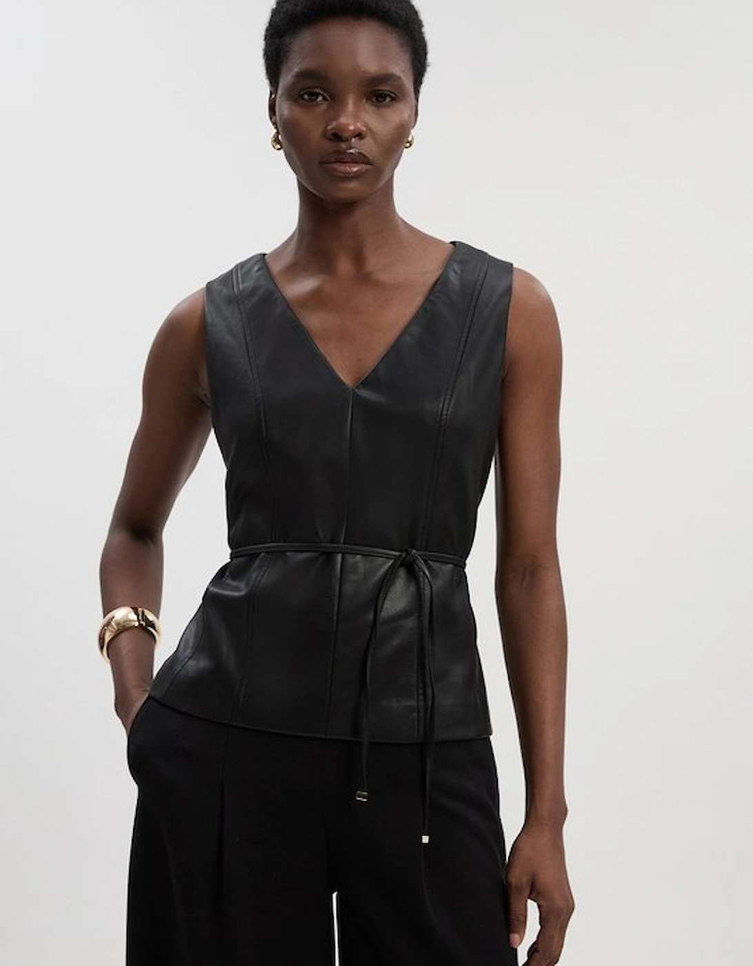 Faux Leather Tie Waist Tailored Top