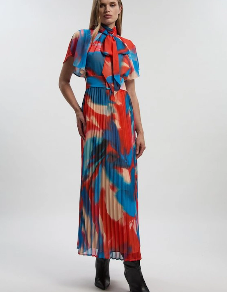 Georgette Tie Neck Blur Print Woven Midi Dress