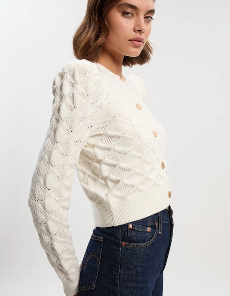 Cable Stitch Puff Sleeve Knit Cardigan