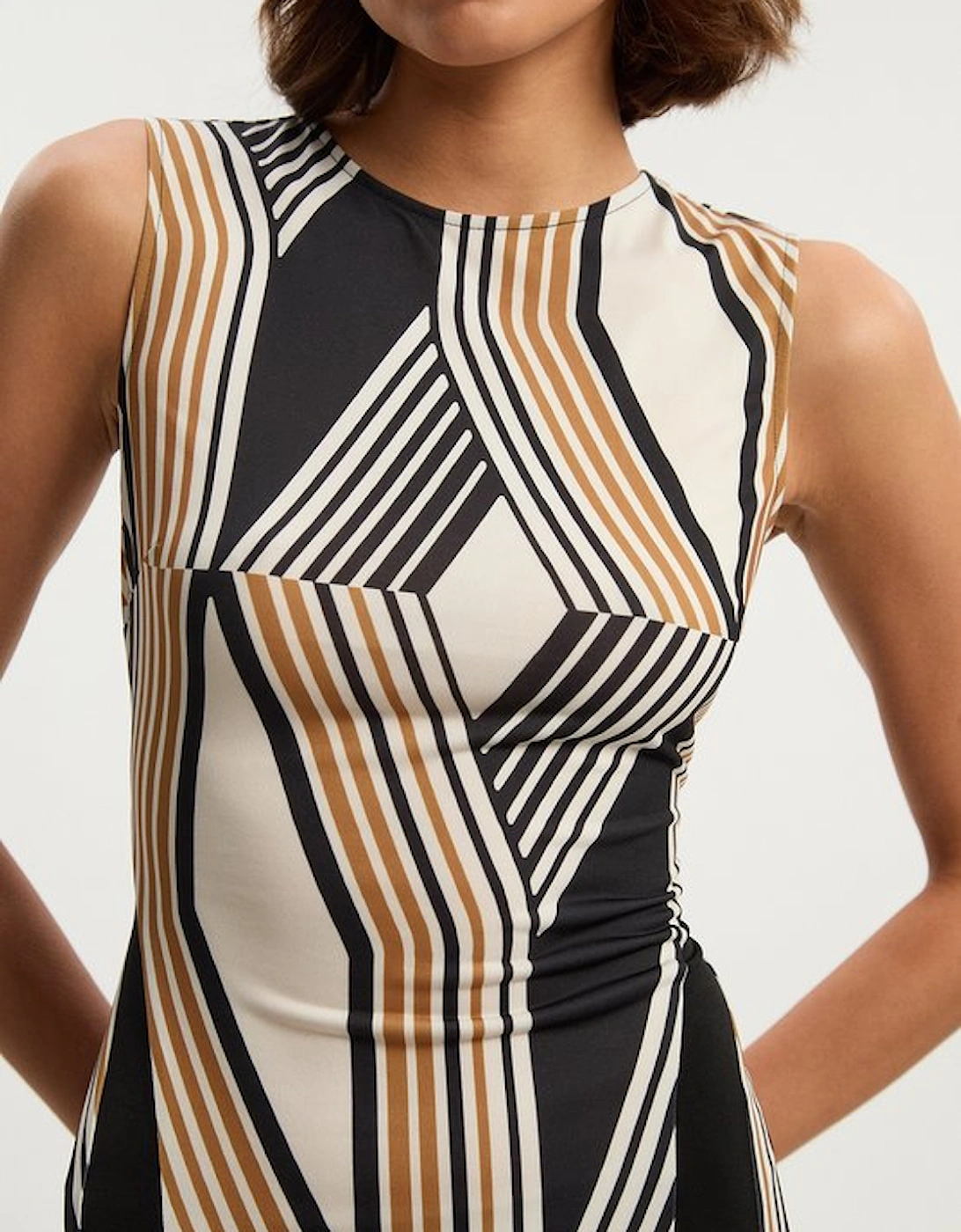 Geo Print Crepe Pleated Maxi Dress