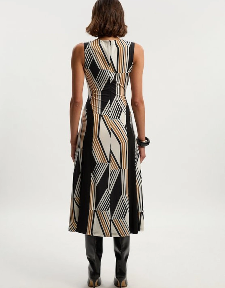 Geo Print Crepe Pleated Maxi Dress